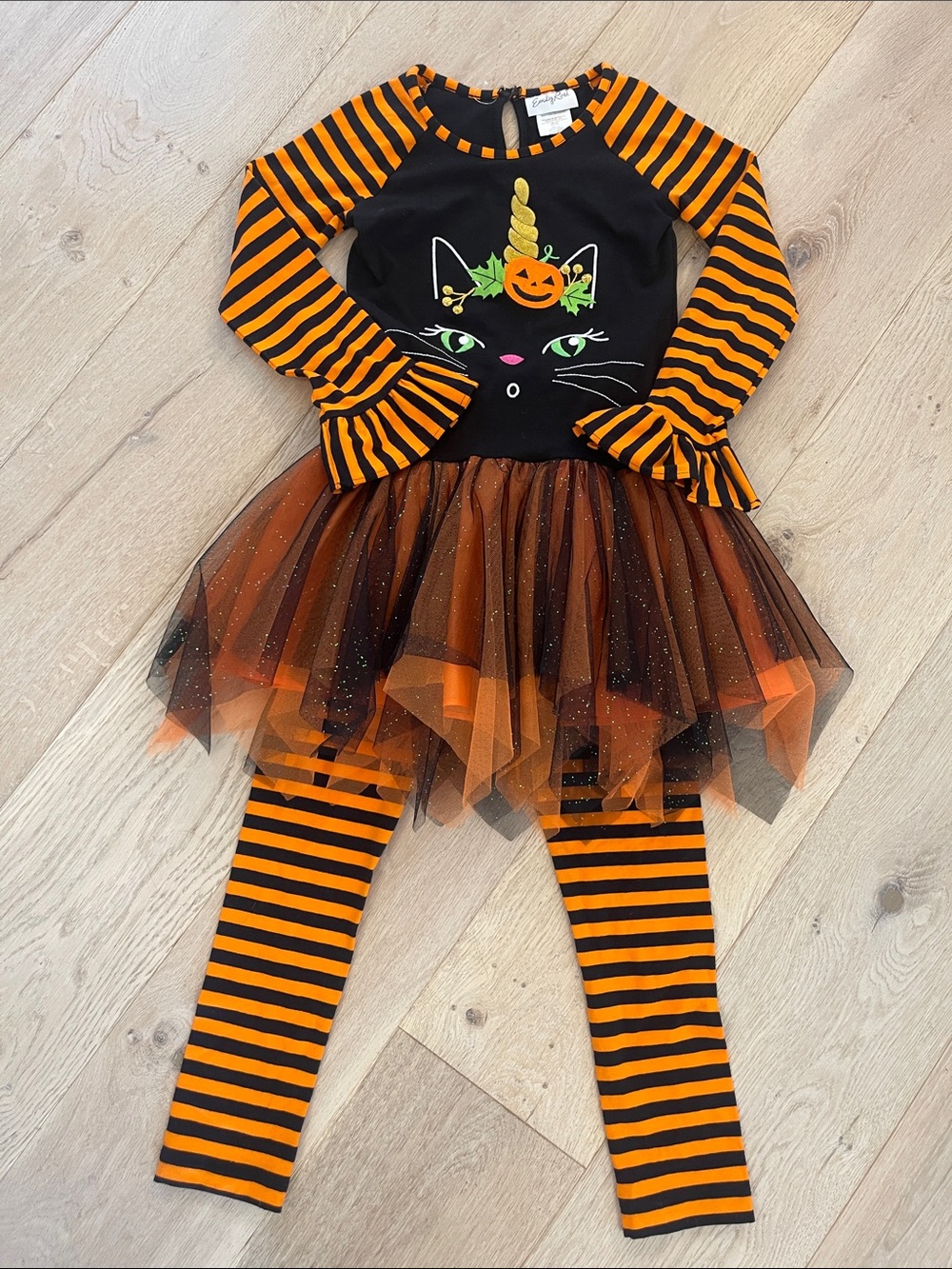 Emily Rose Orange & Black Striped Cat-Unicorn two piece set girls size 8 NWOT